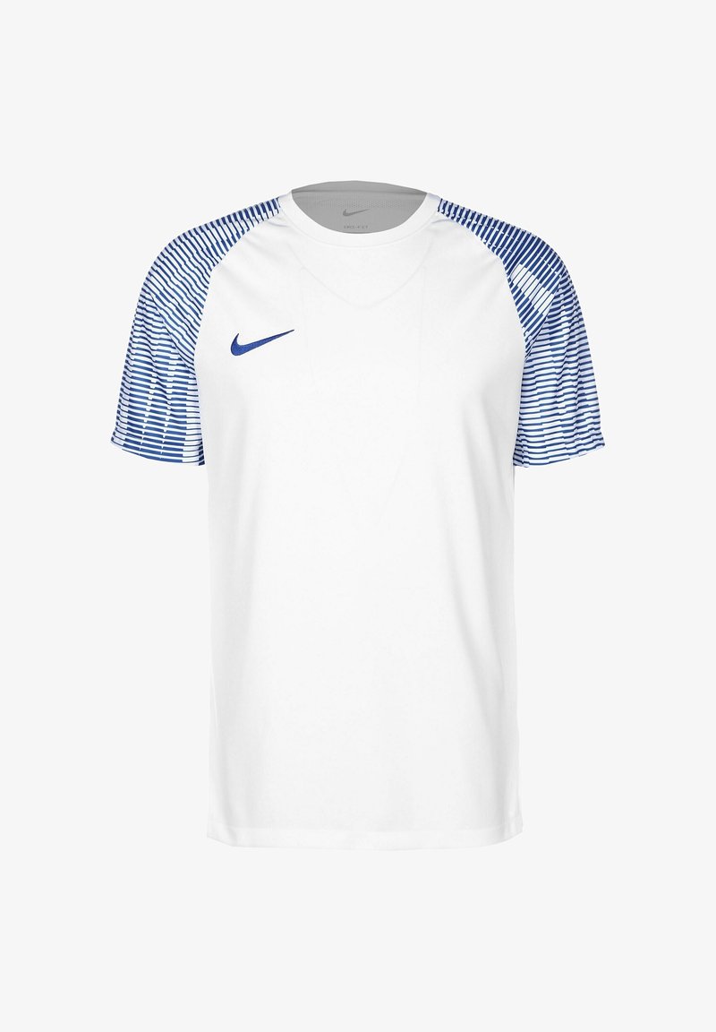 T-shirt de sport blanc à manches courtes avec des manches rayées bleues et un logo Nike bleu sur la poitrine gauche.