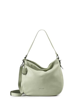 Zachte groene lederen schoudertas met verstelbare riem, korrelige textuur en ritssluiting.