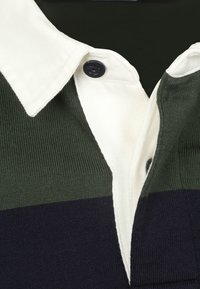 Polo shirt met een witte kraag, geribbelde textuur en horizontale strepen in donkergroen en marineblauw. Enkele zwarte knoopdetail bij de kraag.