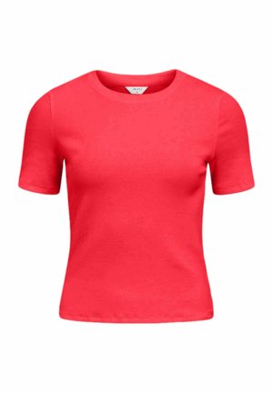 Spilgti sarkans īsroku, apļveida kakla, adīts top ar pieguļošu piegriezumu un fakturētu audumu.