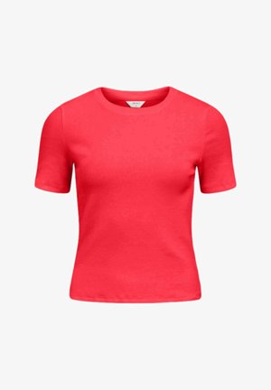 Top rojo brillante de manga corta con cuello redondo, tejido de punto, ajuste entallado y tela texturizada.