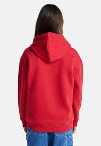 Felpa rossa in cotone con grande cappuccio, tasca a marsupio e polsini e orlo a coste. Il retro presenta una superficie liscia senza grafiche.