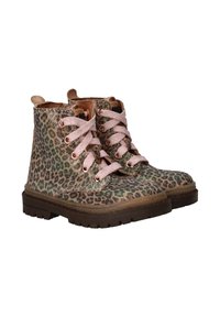 Leopardprint enkellaarsjes met roze veters, suède afwerking en rubberen zolen, voorzien van een textuur op de bovenkant en een ronde neus.