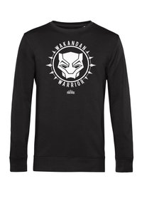 Czarny długi rękaw sweter z białą grafiką twarzy pantery otoczoną napisem "WAKANDAN WARRIOR" oraz kolcami. Materiał bawełniany.