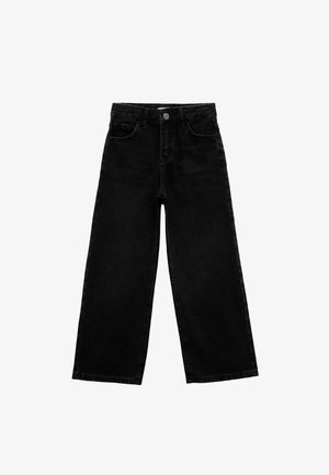 Mustat farkut, joissa on korkea vyötärö, leveä lahje, viisi taskua ja napitus. Kankaassa on hienovaraisia haalistumia.