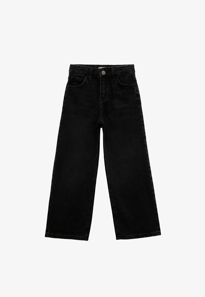 Jean en denim noir avec une taille haute, une coupe large, un style à cinq poches et une braguette à boutons. Présente un léger délavage sur le tissu.