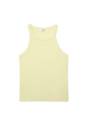 Jasnożółty prążkowany top bez rękawów z wysokim kołnierzem i dopasowanym fasonem, ułożony płasko na białym tle.