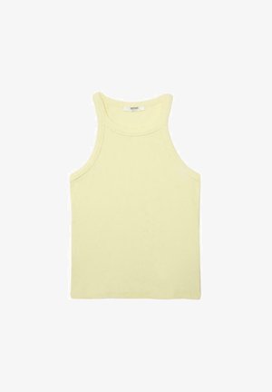 Světle žluté žebrované tílko bez rukávů s vysokým límcem a přiléhavým střihem, položeno na bílém pozadí.