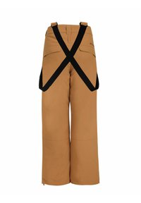 Pantaloni impermeabili marroni con vestibilità ampia, dotati di un design a tracolla incrociata nera e due tasche posteriori. Zippato ai lembi inferiori.