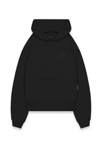 Black hoodie made of soft fabric, featuring a front pocket, ribbed cuffs, and a subtle logo on the chest. Smooth texture and relaxed fit.