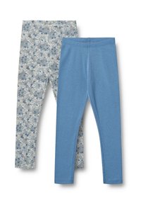 Deux paires de leggings : une en bleu clair, l'autre avec un motif floral en bleu, blanc et vert. Les deux ont une coupe ajustée et une taille élastique.