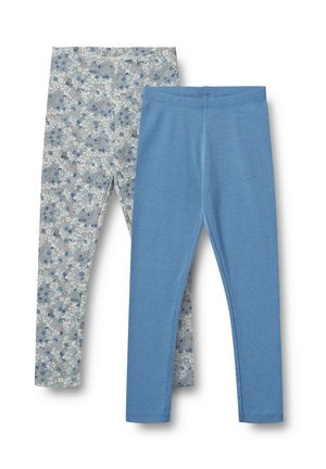 Zwei Paare Leggings: eine in Hellblau, die andere mit einem Blumenmuster in Blau, Weiß und Grün. Beide haben eine enganliegende Passform und einen elastischen Bund.