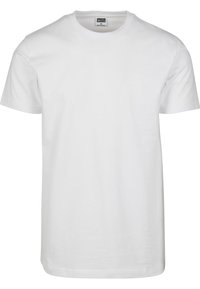 Tricou din bumbac alb simplu, cu mânecă scurtă și guler rotund, mărime medie, expus pe o suprafață plană.