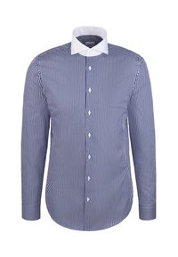 Herre langærmet skjorte med knapper i blå og hvide lodrette striber samt en kontrasterende ensfarvet hvid krave og manchetter.