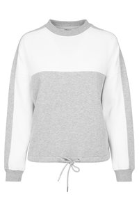 Grauer und weißer Sweatshirt mit langen Ärmeln, rundem Hals, Kordelzugsaum und kontrastierendem Blockdesign. Hergestellt aus weichem, bequemen Material.