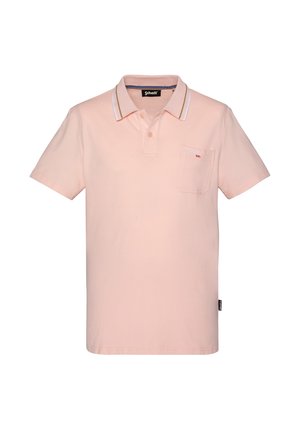 Polo rose pâle à manches courtes avec un col blanc, une petite poche poitrine et un logo discret sur la poche ainsi qu'une étiquette latérale.