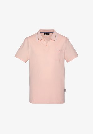 Polo rose pâle à manches courtes avec un col blanc, une petite poche poitrine et un logo discret sur la poche ainsi qu'une étiquette latérale.