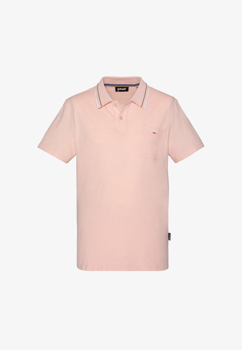 Polo rose pâle à manches courtes avec un col blanc, une petite poche poitrine et un logo discret sur la poche ainsi qu'une étiquette latérale.