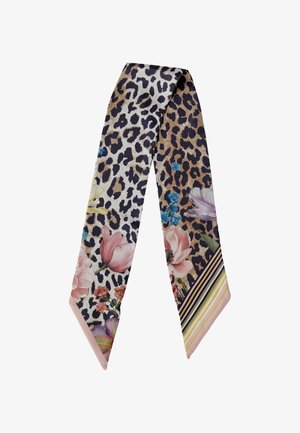 Silk scarf with leopard print, pink and blue flowers, and striped pastel edges in yellow, pink, and black.