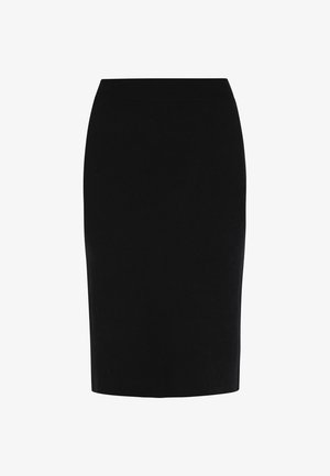 Mustad kuni põlve pikkune pliiatsseelik, millel on siledat tekstuuri ja elastne vöökoht, millel on klassikaline ja sobiv siluett ning ilma nähtavate mustrite või aktsentideta.