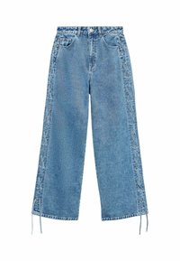 Jeans in denim blu a gamba larga con dettagli di laccio laterale, orlo grezzo e design a cinque tasche. Presentano una vita alta e una vestibilità ampia.