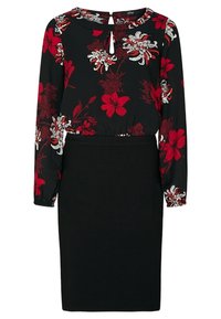 Robe noire avec manches longues à motif floral rouge et blanc, un décolleté en trou de serrure, et une jupe noire unie ajustée.