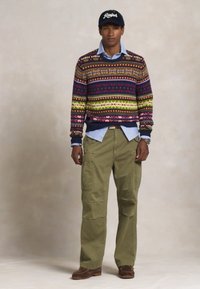 Pulover tricotat cu un model multicolor în nuanțe de violet, verde și roz, purtat peste un tricou bleu deschis; pantaloni cargo măslin; pantofi maro închis.