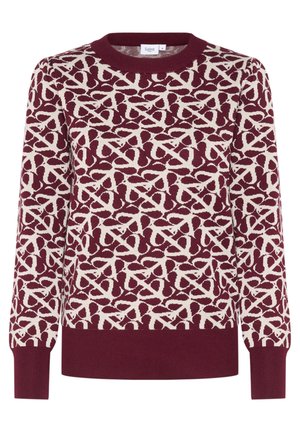 Sweter dzianinowy w kolorze burgundowym z kremowym abstrakcyjnym wzorem. Posiada okrągły dekolt, długie rękawy oraz ściągacze przy mankietach i u dołu.