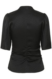 Black blouse featuring short puff sleeves, textured fabric with a subtle geometric pattern, and gathered detailing at the waist.