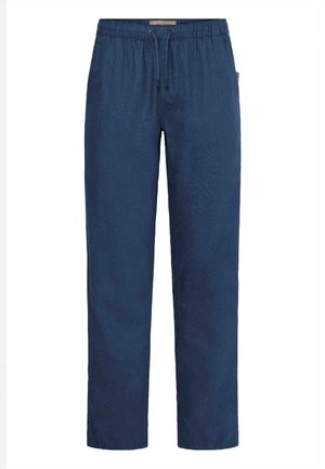 Marineblå hørbukser med elastisk talje, bindedetalje og lige ben. Glat tekstur uden synlige mønstre eller detaljer.