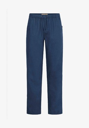 Tumesinised linased püksid elastse vöökohaga, nöördetailiga ja sirgjoonelise lõikega. Sile tekstuur, ilma nähtavate mustrite või aktsentideta.