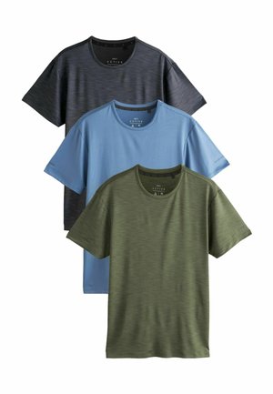 Three short-sleeve crew neck activewear shirts in charcoal, light blue, and olive green, stacked overlapping on white background.