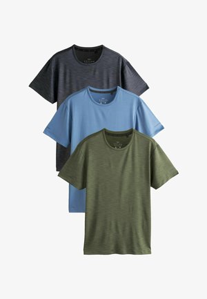 Three short-sleeve crew neck activewear shirts in charcoal, light blue, and olive green, stacked overlapping on white background.