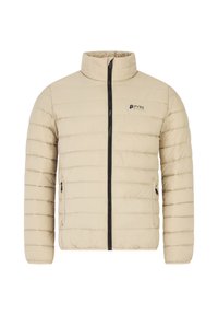 Beige gewatteerde jas met hoge kraag, zwarte voorrits, zijzakken met rits en het "PVRE GREEN" logo op de borst.