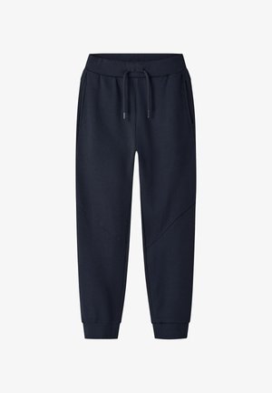 Navy Baumwoll-Sweatpants mit elastischem Bund, Kordelzug, Seitentaschen und schmal zulaufenden Beinen mit diagonalen Nähten und gerippten Bündchen.