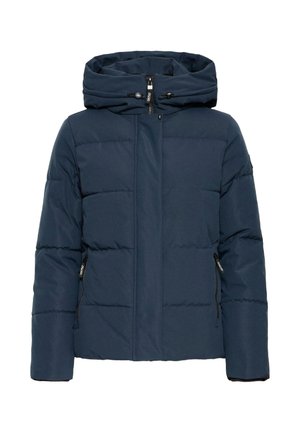 Dunkelblaue Steppjacke mit hohem Kragen, Reißverschlussfront und zwei seitlichen Reißverschlusstaschen. Hergestellt aus gestepptem, isoliertem Material.