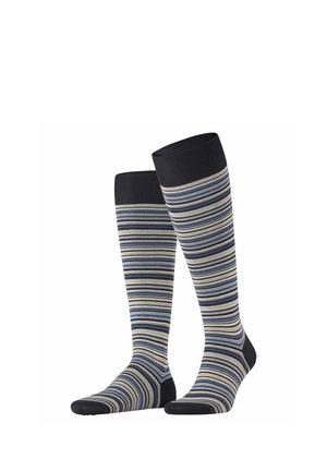 Pair of knee-high socks with horizontal stripes in black, white, gray, and blue, featuring solid black toe, heel, and cuff areas.