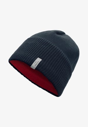 Knit beanie in dark blue with a soft red fleece lining. Features a folded cuff and a small white branded label on the side.