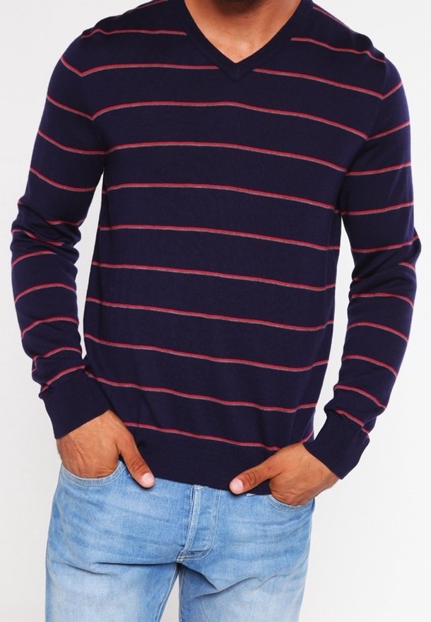 Pull rayé bleu marine avec des lignes horizontales rouges, doté d'un col en V, de manches longues, de poignets côtelés et d'une texture tricotée lisse.