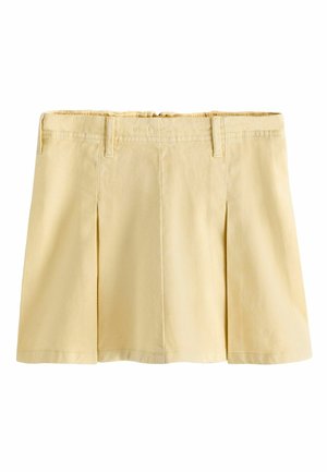 Light beige pleated mini skirt with belt loops, made of textured fabric, displayed flat on a white background.