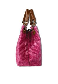 Roze gewatteerde leren handtas met een gestructureerd oppervlak, bruine leren hengsels en zilveren accenten. Voorzien van een ritssluiting aan de bovenkant.