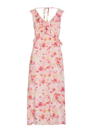Robe longue sans manches rose à motif floral avec un col en V volanté et une fermeture nouée au dos, présentant de doux motifs de roses pastel.