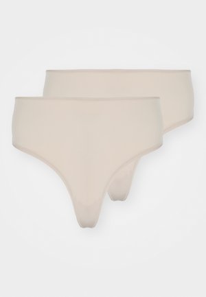 Beige puuvillapöksyt, kaksiosainen pakkaus, joka sisältää sileän pinnan, korkean leikkauksen muotoilun ja joustavan vyötärön. Yksinkertaisia ja toimivia jokapäiväiseen käyttöön.