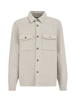 Lysegrå tekstureret skjortejakke med krave, to forlommer med knapklapper og lange ærmer.