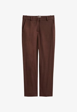 Bruine rechte broek met steekzakken aan de voorkant, lussen voor een riem en een ritsluiting, getoond op een witte achtergrond.