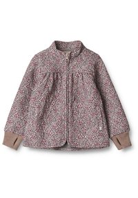 Leichtgewichtige steppjacke mit einem floralen Muster in gedämpftem Rosa, mit Kragen, Reißverschluss und gerippten braunen Bündchen.