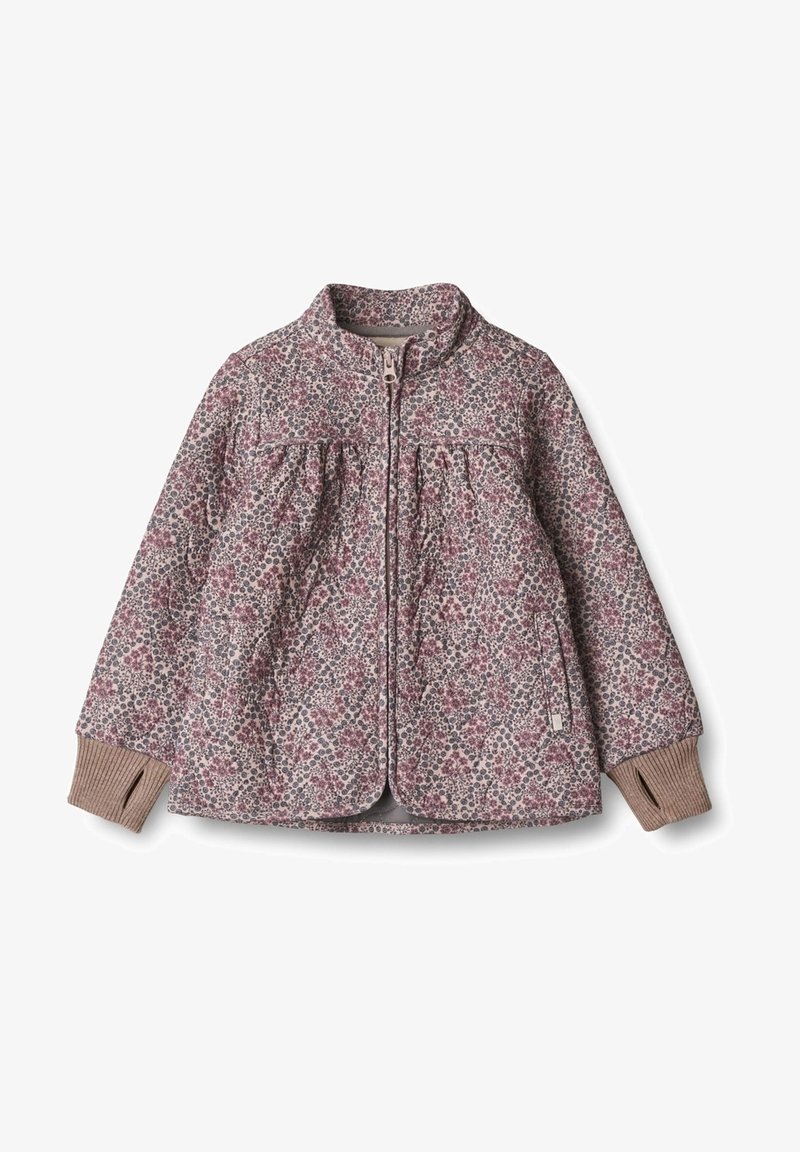 Leichtgewichtige steppjacke mit einem floralen Muster in gedämpftem Rosa, mit Kragen, Reißverschluss und gerippten braunen Bündchen.