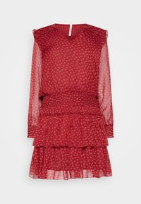 Robe rouge à volants avec des manches longues transparentes et une taille smockée. Présente un décolleté en V et un petit motif floral tout au long.
