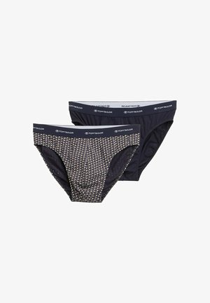 Két pár női alsó, sötét tengerészkék és mintás tengerészkék anyagból. Rugalmas derékpántokkal rendelkezik, melyeken a 'Tom Tailor' logó található. Puha tapintású.