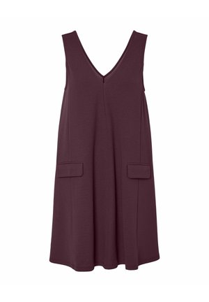 Temno vijolična obleka brez rokavov, dolžine do kolen, z V-izrezom in dvema pravokotnima sprednjima žepoma s poklopci.